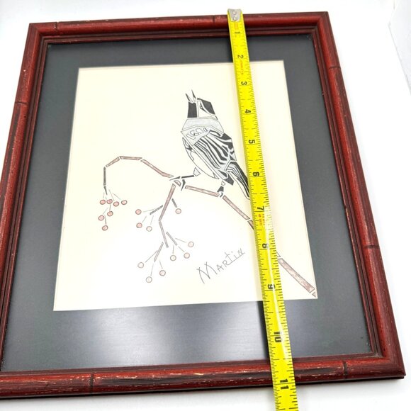 Framed Bird Illustration Signed By Artist Martin Red Bamboo-Style Frame 7.25" - Picture 6 of 11